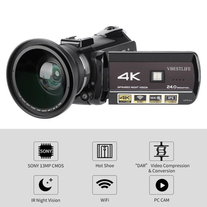 Dioche Caméra vidéo 4K VBESTLIFE AC3-IPS 4K UHD WiFi 30X Zoom numérique 3.1 pouces écran tactile DV caméra caméscope prise ue