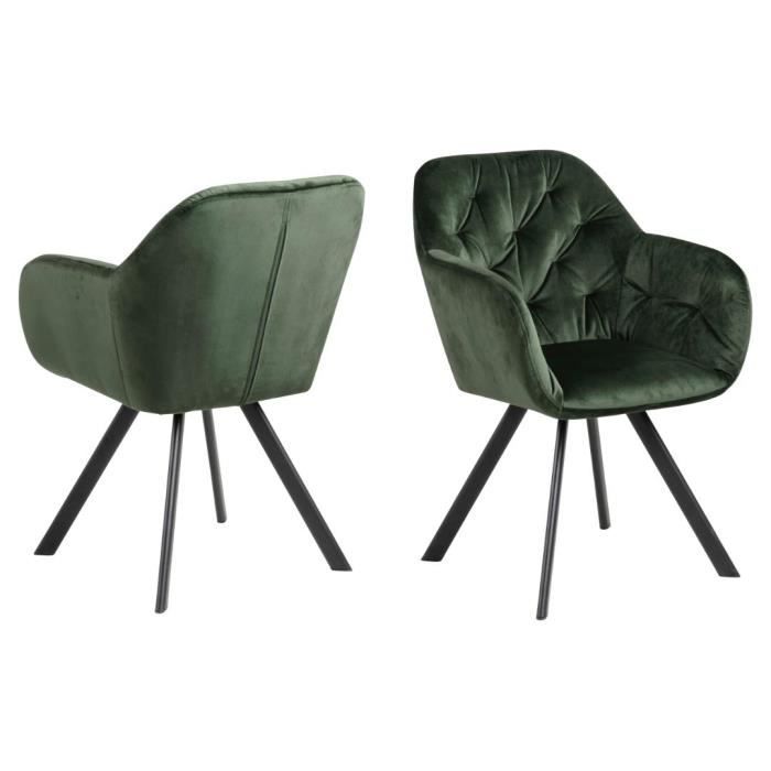 chaise de salle à manger pivotante levon, fabriquée en métal avec un revêtement en poudre noir et tapissée en tissu vic vert foncé.