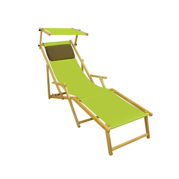 chaise longue de jardin vert pistache pliante, repose-pieds, pare-soleil, oreiller 10-306nfskd