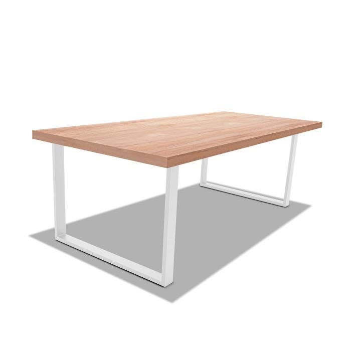 table de salle à manger en bois et métal - pieds blancs carrés - 220x100 cm - mélèze d'amérique