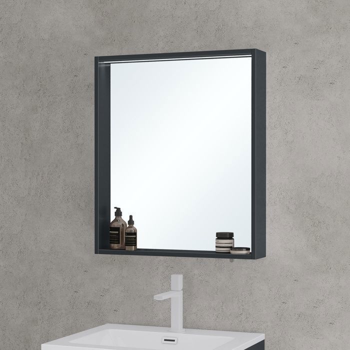 Mai & Mai® Miroir de Salle de Bain avec Étagère Armoire Murale avec Éclairage Miroir Suspendue 60x12x70cm Gris Noir Mat