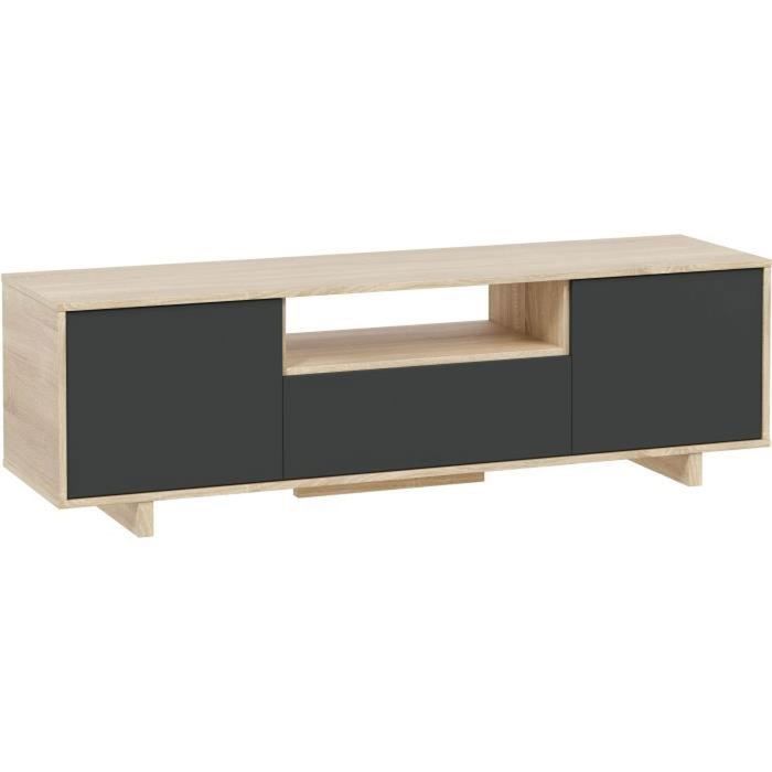 Meuble TV ZAIRA - Mélaminé Anthracite et chêne - 3 Portes - L150 x P41 x H46 cm