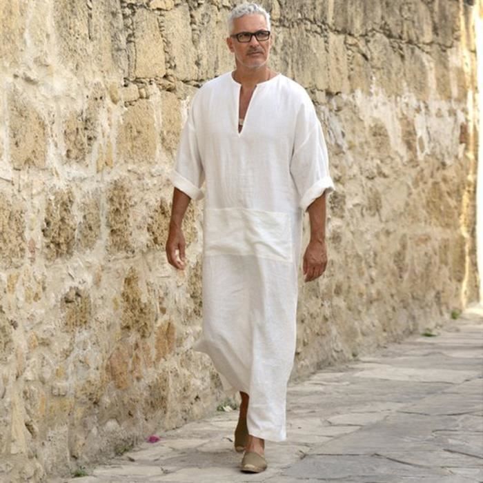OS Robes ethniques pour hommes en vrac solide a manches longues robe vintage ample caftan WH L blanc