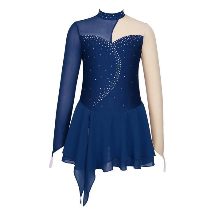Robe De Patinage Artistique Pour Filles Avec Strass - Manches Longues - Taille 5 à 16 Ans - Pour Compétition Et Spectacle