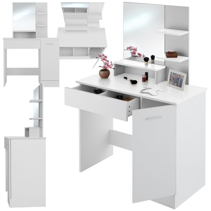 Coiffeuse - TECTAKE - Table de maquillage ZOÉ avec miroir étagères et compartiments au design moderne 90 x 40 x 1375 cm - Blanc