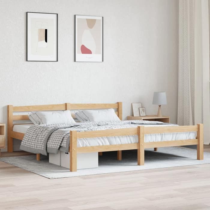 Cadre De Lit Double En Pin Massif Avec Sommier à Lattes - Blanc 200x200 Cm - Chambre à Coucher