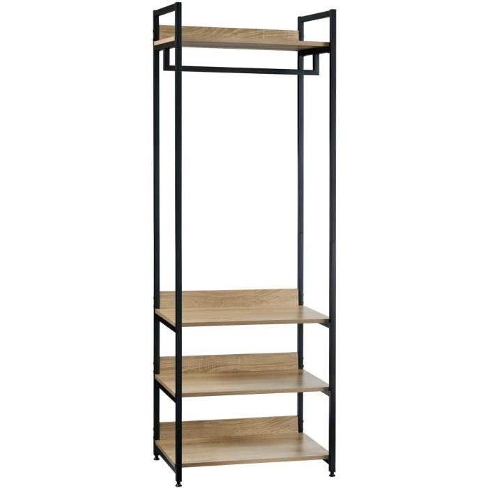 WOLTU Porte-Manteau avec un Tringle et 4 Étagères en Bois et Acier Penderie Ouverte Chêne clair+Noir 60x40x170cm