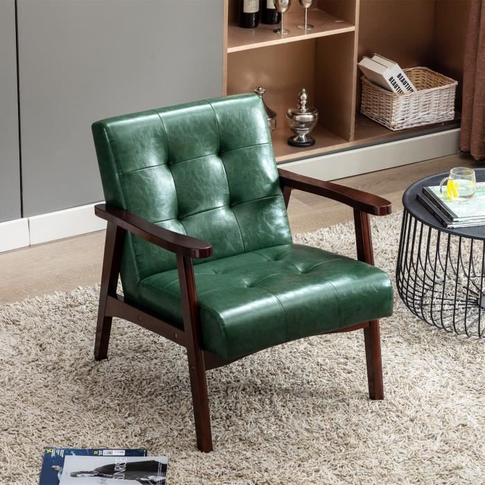 fauteuil en bois au design scandinave et cuir vert-l 67 x l 76 x h 76 cm