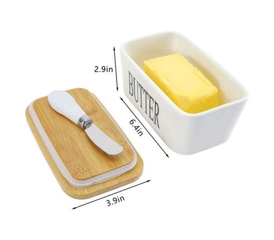 Molinter Beurrier en porcelaine avec couvercle - Assiette en bambou (16 Molinter Beurrier en porcelaine avec couvercle - Assiette en bambou (16