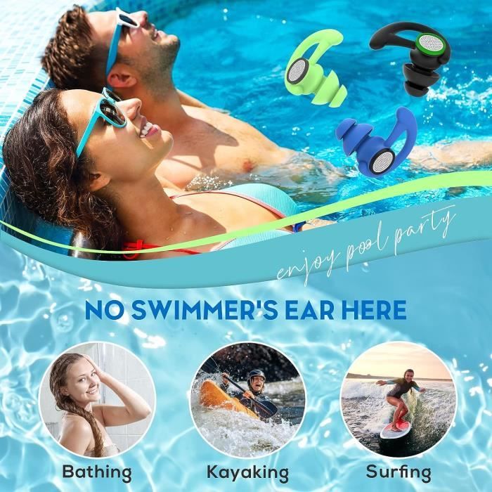 Hearprotek Bouchons d'oreille de natation, 2 paires de bouchons  imperméables en silicone réutilisables pour Piscine-Mer-Bain-Natation &  Sports