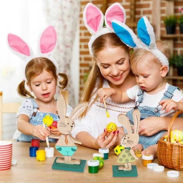 DAHI Lot De 2 Décorations Lapin De Pâques En Bois - Statuettes Charmantes à Poser Pour Une Ambiance Festive