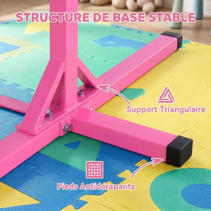 Barre De Gymnastique Réglable En Hauteur Rose - Idéale Pour Enfants 6-12 Ans, Charge 100kg, 139x136x95-150cm