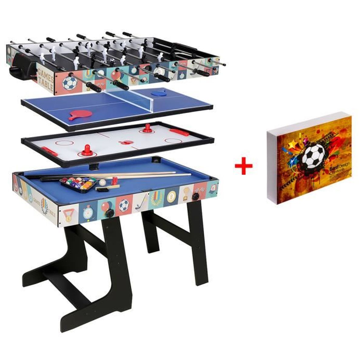 U/N Table Multijeux 4 en 1 Pliante-Billard/Babyfoot/Hockey/Tennis de Table avec Puzzle 