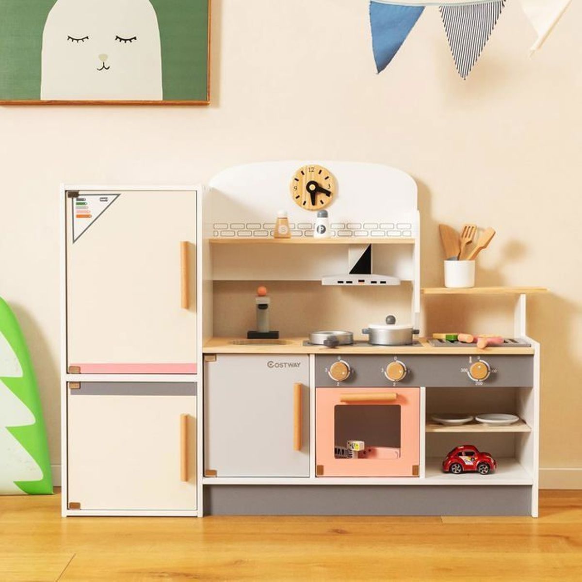 COSTWAY – Cuisine Enfant Avec Réfrigérateur – Tableau Mural Parlant – Lumières Et Sons – Bois – Dès 3 Ans – 2 Pièces