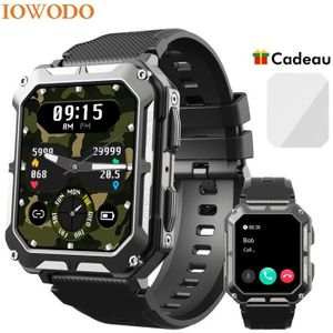 Montre connectée sport IOWODO Montre Connectée Homme Militaire avec Appels Bluetooth Assistant Vocal 1,84'' HD Smartwatch Étanche Résistant aux Chutes Noir