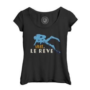 T-SHIRT T-shirt Femme Col Echancré Noir Vivre le Rêve Plongée Mer Recifs Voyage