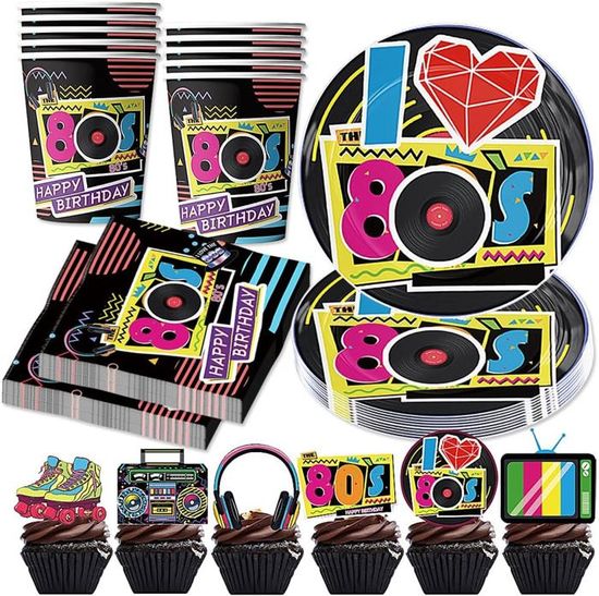 Shamoparty Lot de 61 décorations disco pour fête de 80 et 90 avec assiettes de 22,9 cm, gobelets, serviettes et grandes nappes - Décoration de table disco - Décoration de table