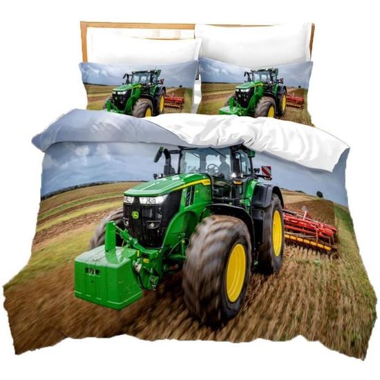 Housse de Couette Tracteur John D - Parure 3 Pièces 140x200cm - Motif