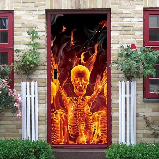 Sticker Porte 3D Trompe-l'œil 95x215 Cm - Motif Phare Et Village, Vinyle Imperméable - Déco Salon, Salle De Bain