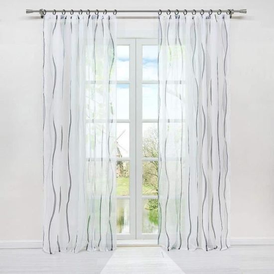 Rideau de salon, aspect lin, blanc, ruban plissé, transparent, classique, long store (600 cm