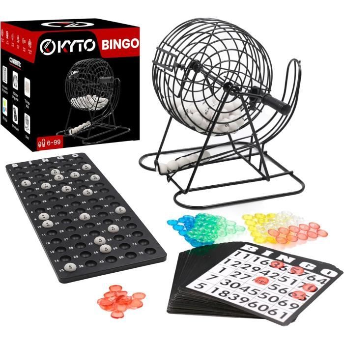 Jeu de Bingo - Tambour en métal - 18 billets de bingo - 75 balles de bingo - 150 jetons - Plateau de jeu noir - Pour adultes et enfants