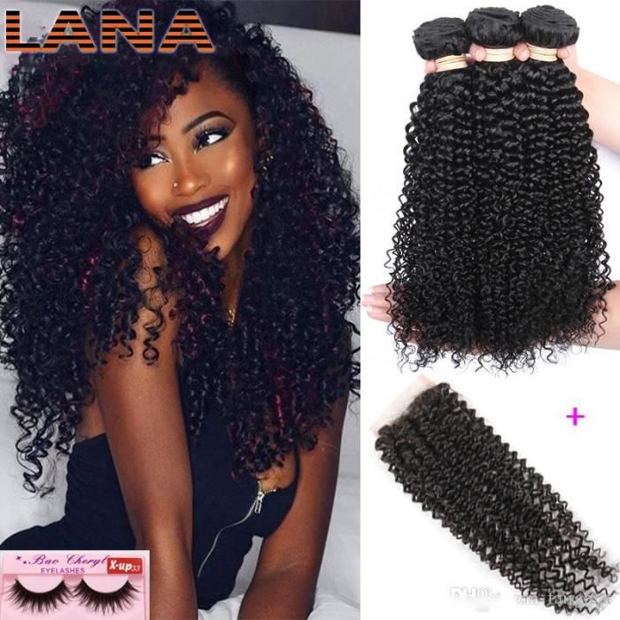 LANAN 3 tissage bresilien avec closure bouclés 9A 100g-p cheveux naturels 100% Humains virgin cheveux(18-18-18-+14-)