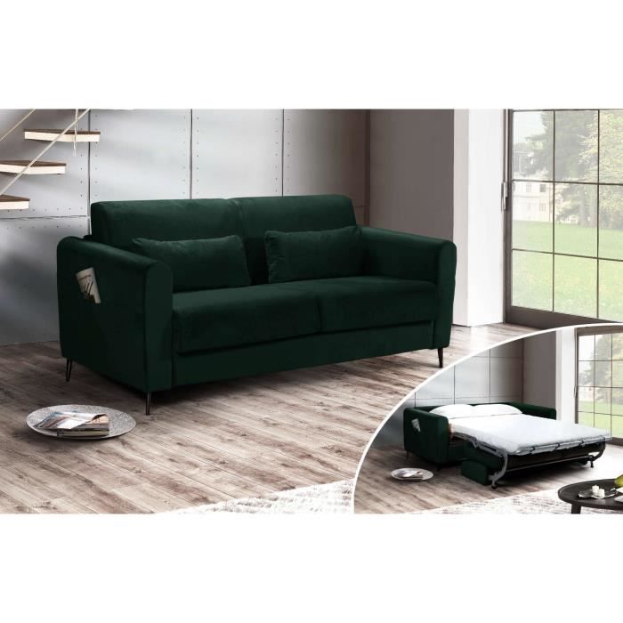 Allan - Canapé 3 places convertible - ouverture express - couchage quotidien - Velours Couleur - Vert