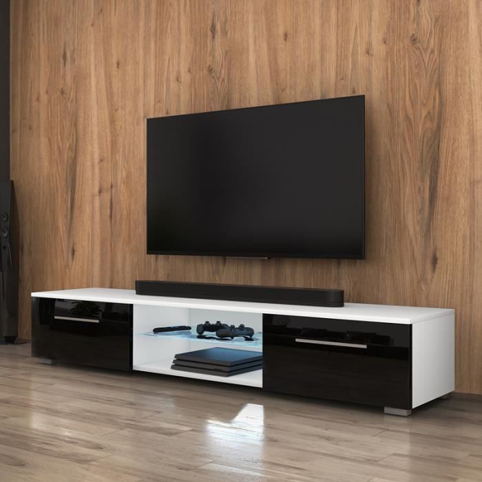 Meuble TV / Meuble salon - SYVIS - 140 cm - blanc mat / noir brillant - avec LED - style moderne