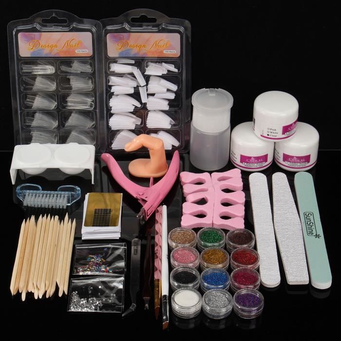 KIT Set Manucure Poudre Acrylique UV Gel Faux Ongle Capsules Strass Tips