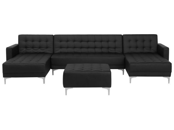 Beliani - Canapé en forme de U convertible en simili-cuir noir avec pouf ottoman ABERDEEN