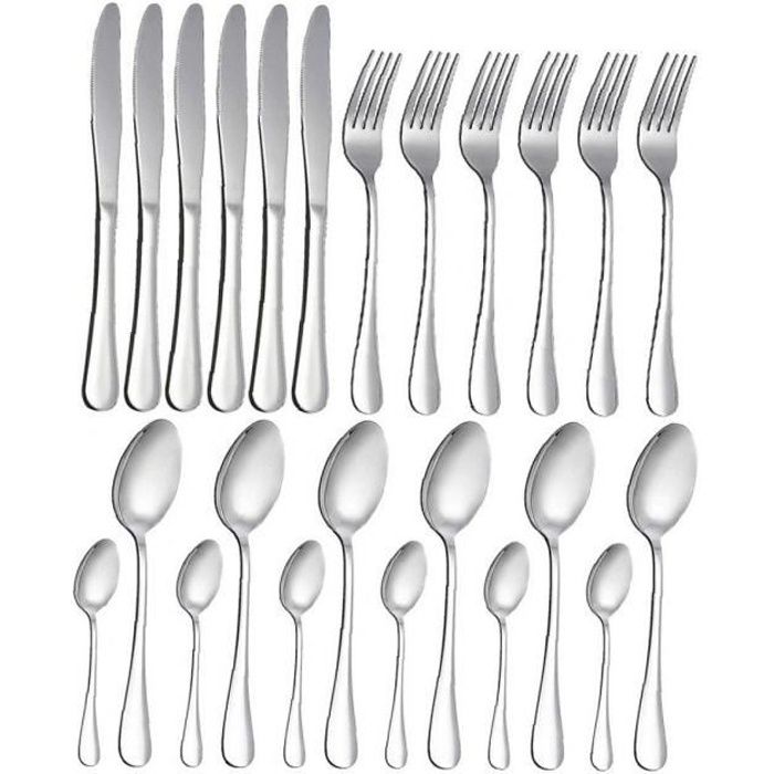 Couverts Set fourchette cuillère Couverts Vaisselle Vaisselle dîner Outil en acier inoxydable Argent 24PCS