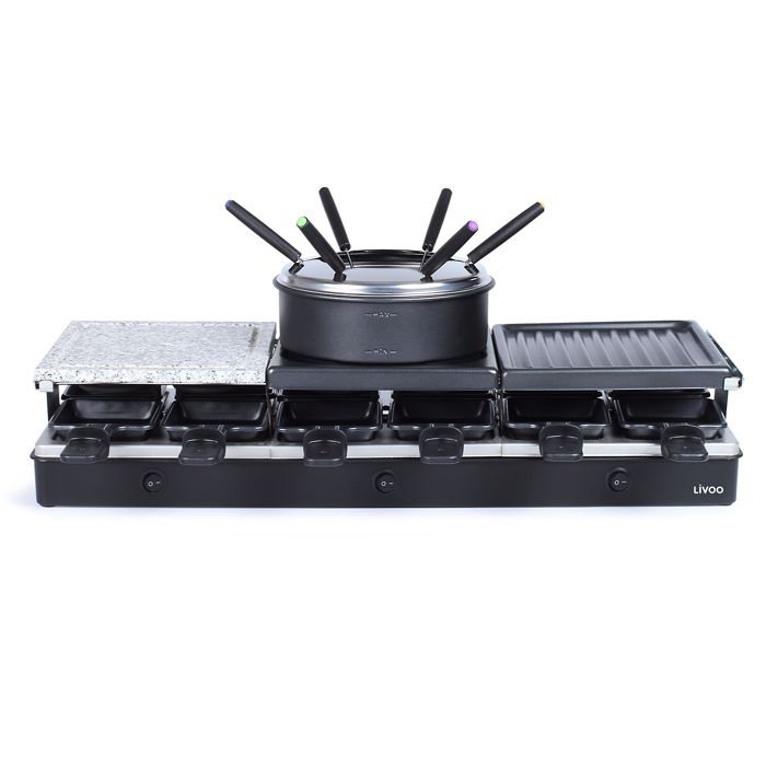 LIVOO DOC234 - Appareil à raclette/fondue 12 personnes - 3 plateaux : une pierre à griller, un gril et un plateau mini crêpes