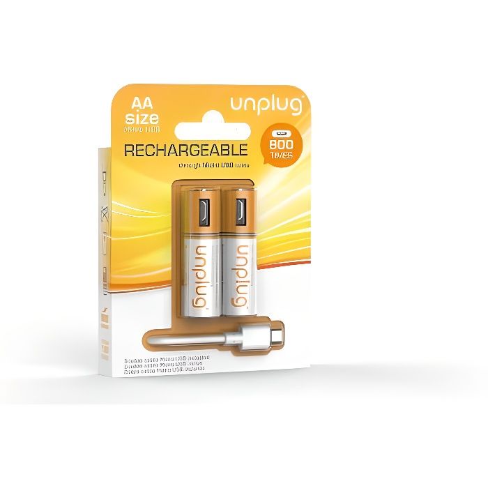UNPLUG Piles Rechargeables AA Pack de 2 avec Câble Micro USB