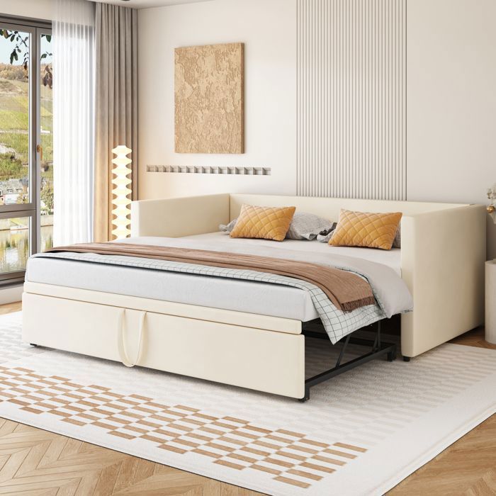 lit gigogne 90/180x200 cm, lit capitonné canapé-lit extensible avec sommiers à lattes, tissu en velours - beige