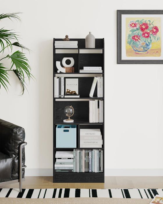 Bibliothèque Étagère à 6 Niveaux Meuble de Rangement Livres Cloison Séparateur Présentoir pour Salon Chambre BureauNoir