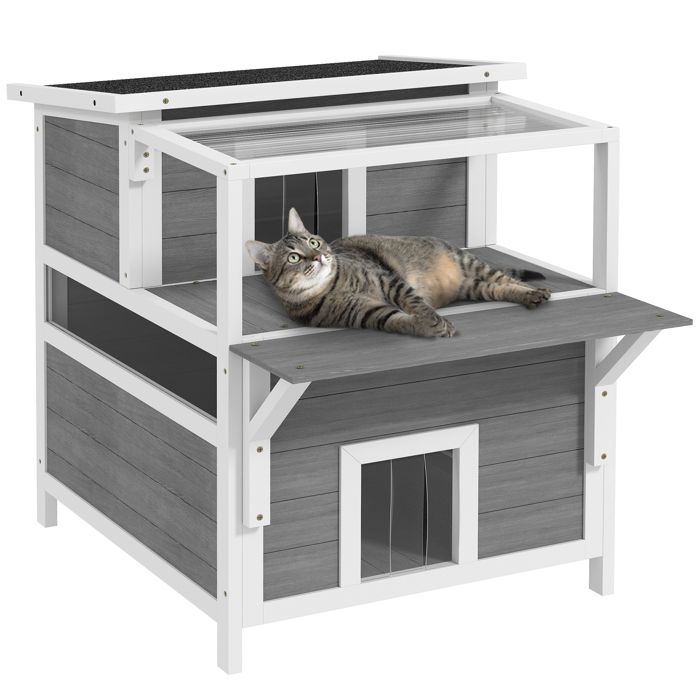 Comparer les prix de Maison pour chats 2 niveaux  - PawHut - résistant aux intempéries - porte, toit ouvert, panneau et plancher amovibles - gris clair
