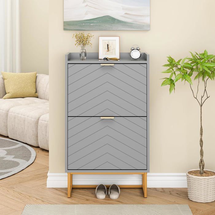 GOOBUY Armoire à Chaussure Inclinable 2 Compartiments Étagère Réglable à 2 Positions Motif en Ligne 50x24x91cm Gris