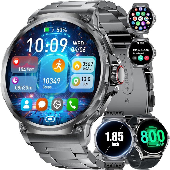 Montre Connectée Homme Avec Appel Bluetooth 1 85 Hd Grand Écran Smartwatch Pour Android Ios Avec 3 Bracelets/Batterie 800[J59]