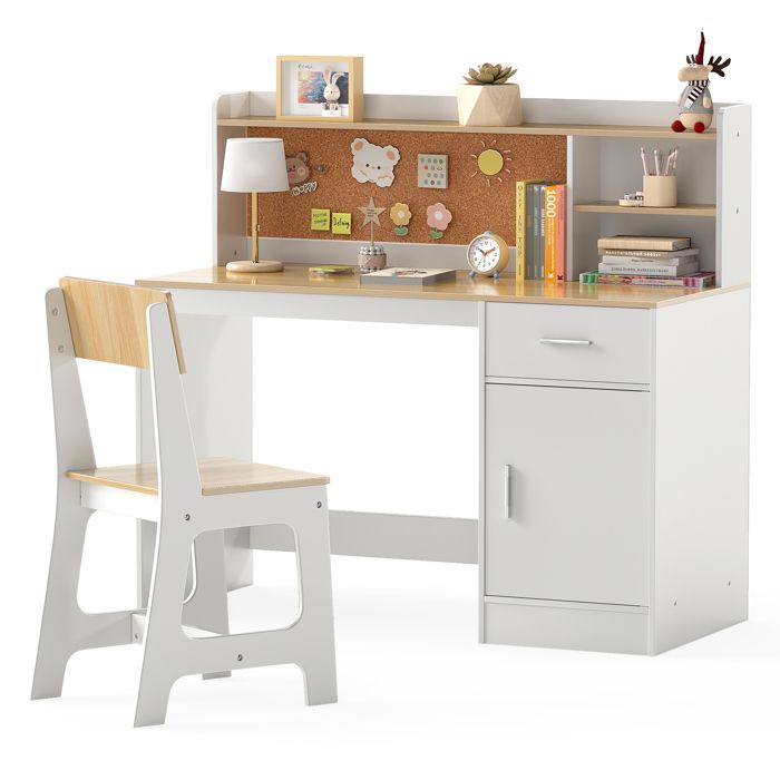 COSTWAY Ensemble Bureau Enfant avec Chaise ÉtagèreTiroir Tableau en Liège& Armoire5 Ans+ Table Enfant et ChaiseNaturel