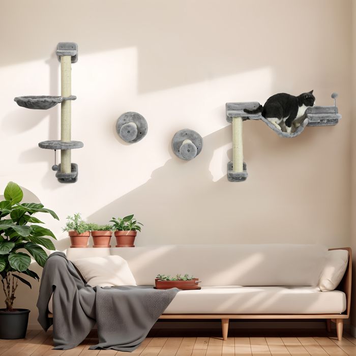Comparer les prix de Arbre à chat parcours mural complet 4 pièces hamac pompon plateformes de saut poteau en sisal et échelle peluche gris