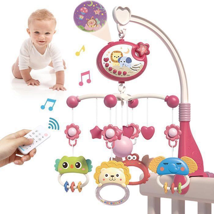 Mobile Musical pour Lit Bébé Lumières & Projecteur Télécommandé Cadeau Idéal pour Nouveau-Né Couleur Rose