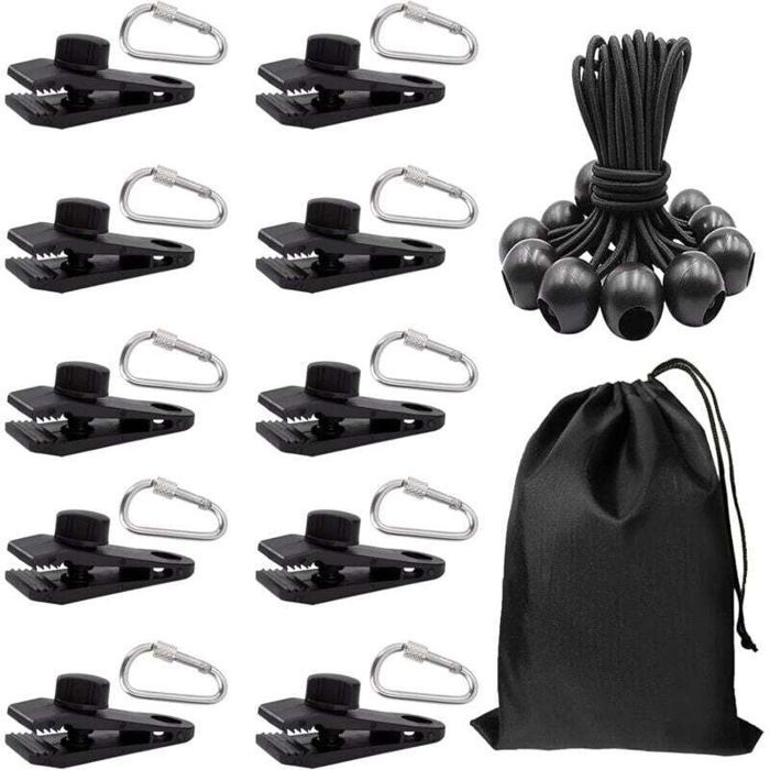 31x Clip de Bâche et Tendeur Elastique et Mousquetons Pince à Bâche Set pour Coupe-Vent Camping Bâche Voiture Piscine Bateau Couvr