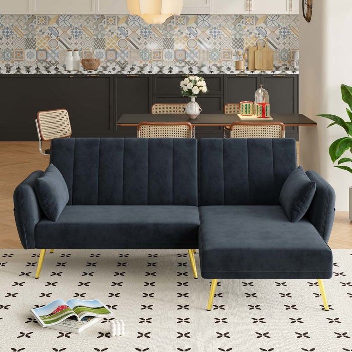 Canapé dangle convertible - Canapé pliant moderne - Réversible - Velours noir - Structure bois massif