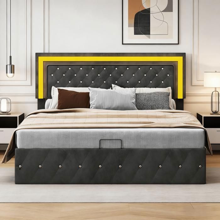 Lit coffre 160x200 cm avec éclairage LED Lit 2 place double avec tête de lit réglable Velours Noir