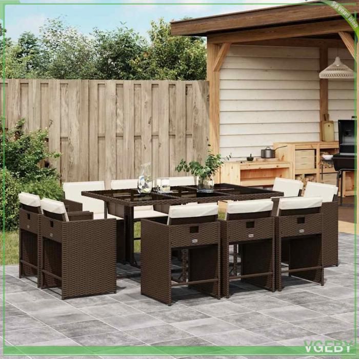 Ensemble à manger de jardin - Modèle 3211209 - 10 chaises & 1 table - Résine tressée marron - Coussins amovibles crème