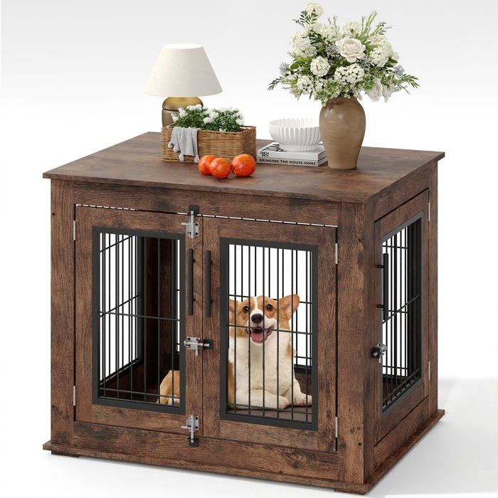 Cage pour Chien en Bois Rustique avec Double Porte – Meuble dAppoint Style Ferme Cage pour Chien Meuble 80×60x66cm Brun