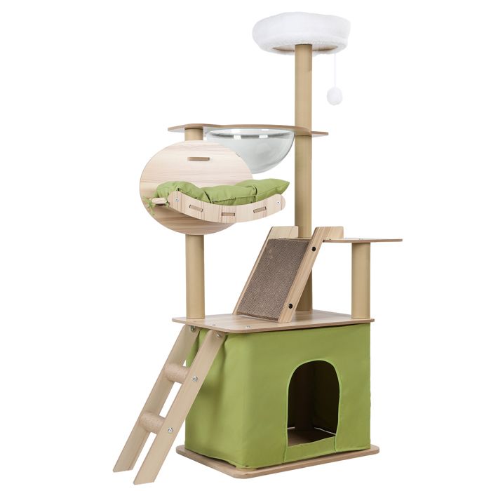 Arbre à chat design moderne 145cm griffoirs hamac capsule spatiale plateforme de saut balle suspendue pour plusieurs chats