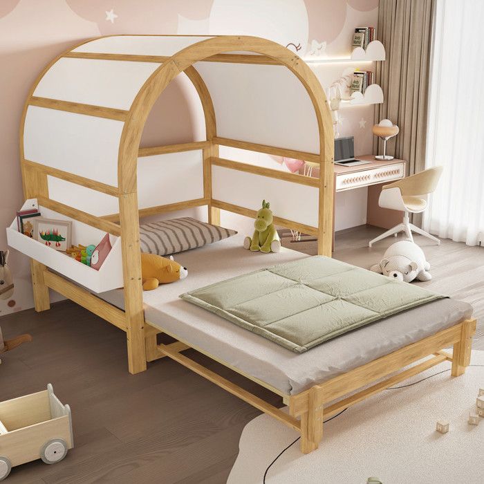 Canapé-Lit 140x200 cm avec éTagèRe Structure de Lit en Pin avec Sommier à Lattes Lit Double Lit 2 Personnes Blanc + Bois Naturel