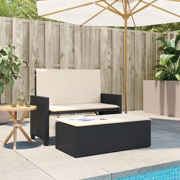 Noir Siège de jardin - Banc de jardin - 1 PC - avec coussins - et repose-pied noir résine tressée C5057