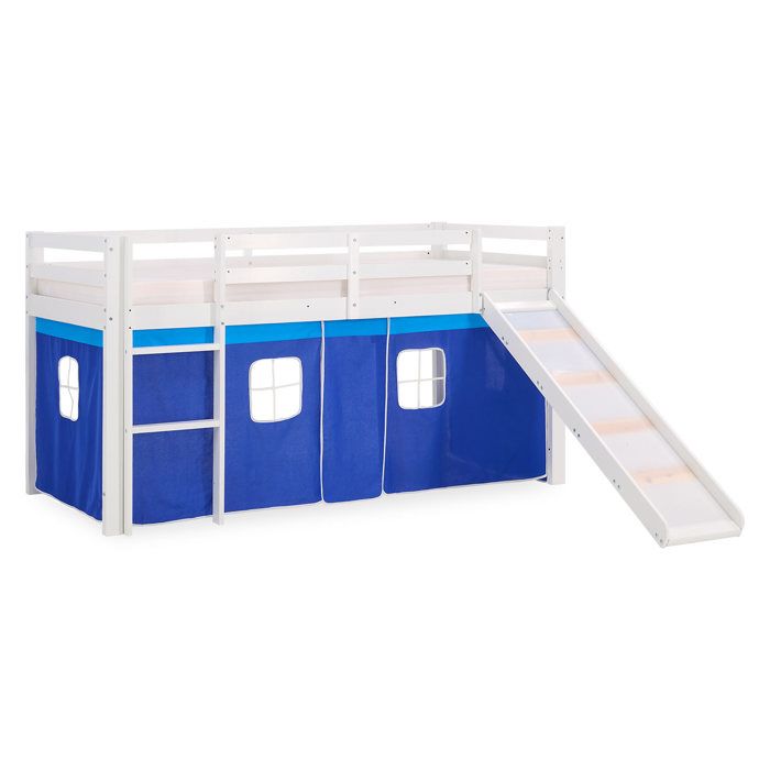 Lit mezzanine pour enfants 90 x 200 cm blanc avec rideau bleu Toboggan Sans sommier à lattes Pour garçons Lit mezzanine pour enfants 90 x 200 cm blanc avec rideau bleu Toboggan Sans sommier à lattes Pour garçons